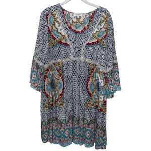 Umgee Medallion Tribal Print 3/4 Ruffle Sleeve Boho Dress Navy White Cream Aqua